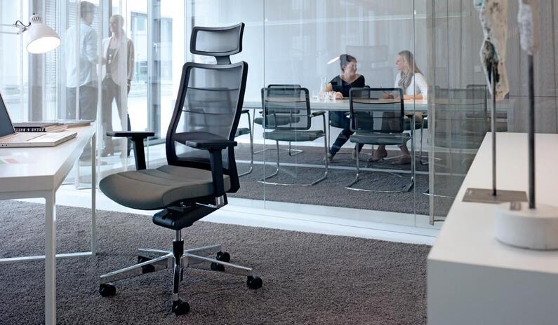 Ergonomic office setup with adjustable tables and chairs for comfort