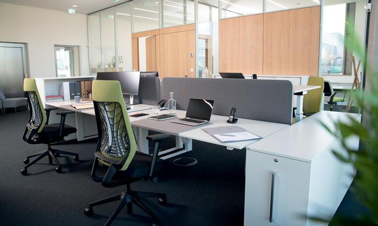 Ergonomic office setup with adjustable tables and chairs for comfort